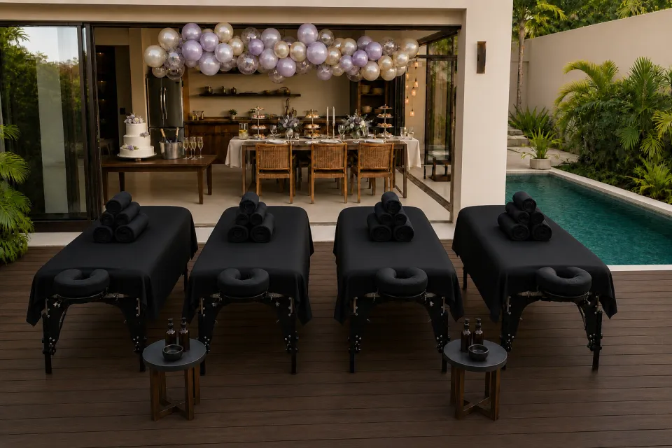 Cuatro camillas de masaje Ohara Spa vestidas de negro junto a la piscina de una villa, montadas para una celebración con globos y pastel